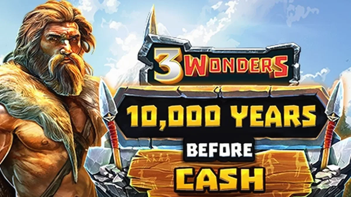 Interface do jogo de slot 10,000 Years Before Cash com temática pré-histórica