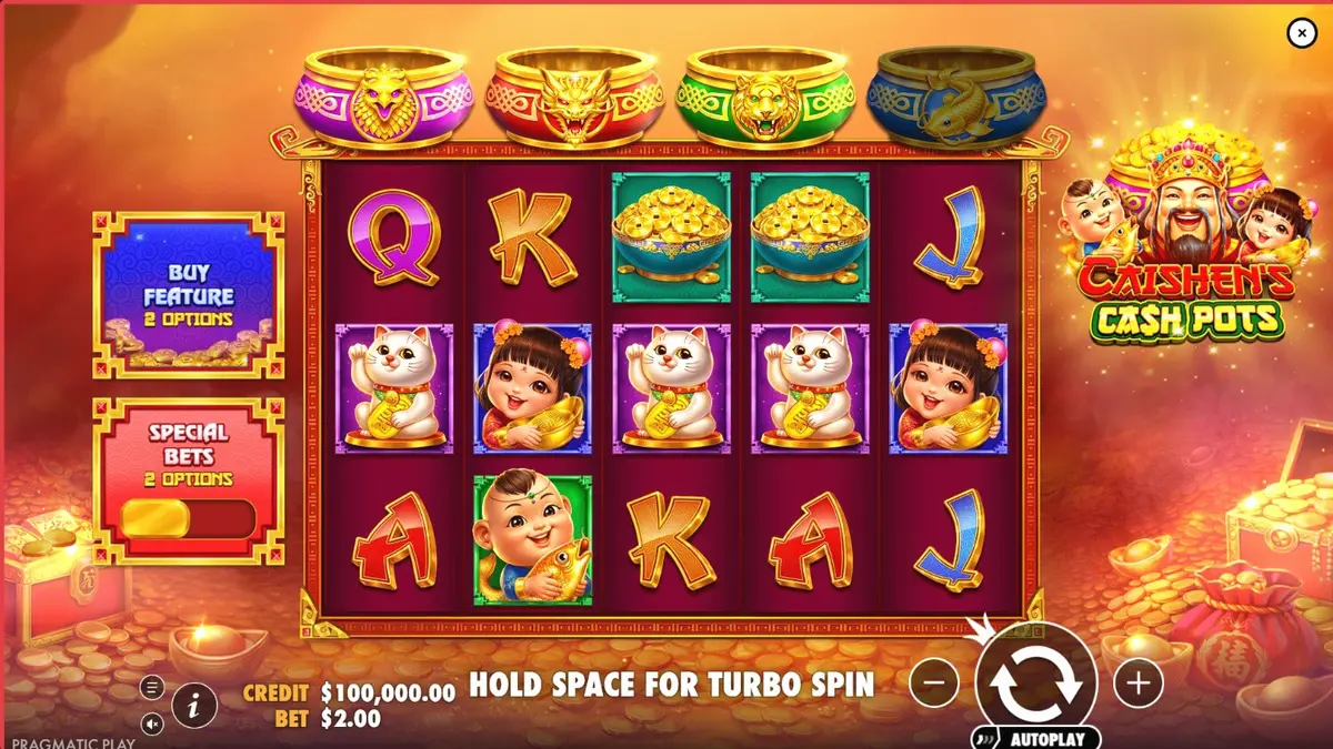 Interface do slot Caishen’s Cash Pots com elementos de ouro e símbolos da sorte
