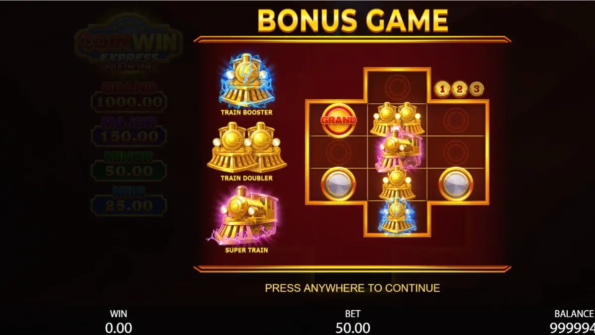 Locomotiva dourada e símbolos clássicos no slot Coin Win Express