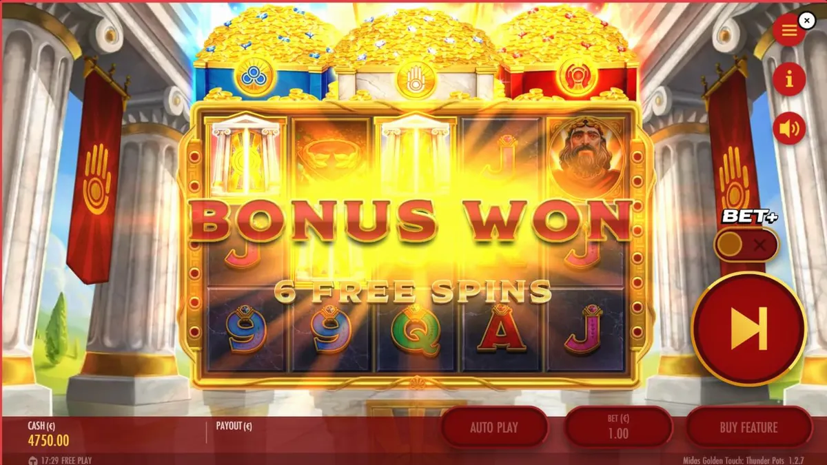 Interface do jogo Midas Golden Touch: Thunder Pots com baús de bônus e símbolos dourados